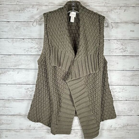 Chico’s Sweater Vest Cardigan Cotton Acrylic Chunky Olive Green Sz 1 M/ 10 - Picture 2 of 6